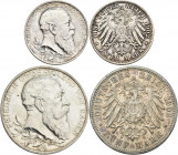 Baden: Friedrich I. 1852-1907: 5 Mark 1902, 50-jähriges Regierungsjubiläum, Jaeger 31, Kratzer, sehr schön - vorzüglich, dazu 2 Mark, gleicher Anlass,...