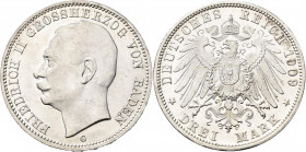Baden: Friedrich II. 1907-1918: 3 Mark 1909 G, Jaeger 39, winzige prägebedingte Fehler, sonst Stempelglanz.
 [differenzbesteuert]