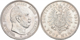 Preußen: Wilhelm I. 1861-1888: 5 Mark 1875 B, Jaeger 97, kleinste Randfehler, Kratzer, sonst sehr schön - vorzüglich.
 [differenzbesteuert]