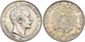 Preußen: Wilhelm II. 1888-1918: 2 Mark 1888 (kleiner Adler), Jaeger 100. Kratzer, fast vorzüglich.
 [differenzbesteuert]