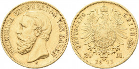 Baden: Friedrich I. 1852-1907: 20 Mark 1873 G, Jaeger 184. 7,91 g, 900/1000 Gold. Feine Kratzer, winzige Randschäden, sehr schön.
 [zzgl. 0 % MwSt.]...