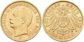 Baden: Friedrich II. 1907-1918: 20 Mark 1912 G, Jaeger 192. 7,95 g, 900/1000 Gold. Kleine Kratzer und Randfehler, sonst vorzüglich.
 [zzgl. 0 % MwSt....