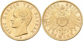 Bayern: Otto 1886-1913: 20 Mark 1905 D, Jaeger 200. 7,93 g, 900/1000 Gold. Kratzer, sehr schön - vorzüglich.
 [zzgl. 0 % MwSt.]