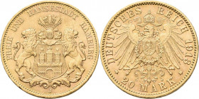 Hamburg: Freie und Hansestadt: 20 Mark 1913. Jaeger 212. 7,94 g, 900/1000 Gold. Kleine Kratzer, sonst vorzüglich.
 [zzgl. 0 % MwSt.]