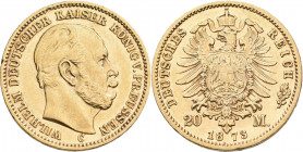 Preußen: Wilhelm I. 1861-1888: 20 Mark 1873 C. Jaeger 243. 7,92 g, 900/1000 Gold. Kratzer, kleine Randfehler, sehr schön - vorzüglich.
 [zzgl. 0 % Mw...