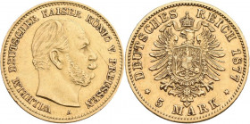 Preußen: Wilhelm I. 1861-1888: 5 Mark 1877 A, Jaeger 244. 1,98 g, 900/1000 Gold. Kratzer, sehr schön.
 [differenzbesteuert]