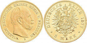Preußen: Wilhelm I. 1861-1888: 5 Mark 1877 B, Jaeger 244. 1,98 g, 900/1000 Gold. Kratzer, sehr schön.
 [differenzbesteuert]
