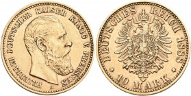 Preußen: Friedrich III. 1888: 10 Mark 1888 A, Jaeger 247. 3,97 g, 900/1000 Gold, Kleine Kratzer, sehr schön - vorzüglich.
 [zzgl. 0 % MwSt.]