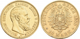 Preußen: Friedrich III. 1888: 10 Mark 1888 A, Jaeger 247. 3,97 g, 900/1000 Gold. Kratzer, sehr schön+.
 [zzgl. 0 % MwSt.]