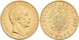 Preußen: Wilhelm II. 1888-1918: 20 Mark 1888 A, Jaeger 250. 7,92 g, 900/1000 Gold. Kratzer, sehr schön - vorzüglich.
 [zzgl. 0 % MwSt.]