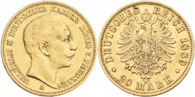 Preußen: Wilhelm II. 1888-1918: 20 Mark 1889 A, Jaeger 250. 7,90 g, 900/1000 Gold. Kratzer, sehr schön.
 [zzgl. 0 % MwSt.]