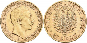 Preußen: Wilhelm II. 1888-1918: 20 Mark 1889 A, Jaeger 250. 7,92 g, 900/1000 Gold. Kratzer, sehr schön.
 [zzgl. 0 % MwSt.]