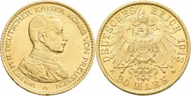 Preußen: Wilhelm II. 1888-1918: 20 Mark 1913 A, Uniform, Jaeger 253. 7,96 g, 900/1000 Gold. Kratzer, kleine Randfehler, sehr schön.
 [zzgl. 0 % MwSt....