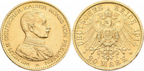 Preußen: Wilhelm II. 1888-1918: 20 Mark 1914 A, Uniform, Jaeger 253. 7,95 g, 900/1000 Gold. Kratzer, sehr schön - vorzüglich.
 [zzgl. 0 % MwSt.]