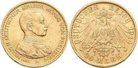 Preußen: Wilhelm II. 1888-1918: 20 Mark 1914 A, Uniform, Jaeger 253. 7,96 g, 900/1000 Gold. Kleine Kratzer, fast vorzüglich.
 [zzgl. 0 % MwSt.]
