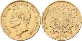 Sachsen: Johann 1854-1873: 20 Mark 1872 E, Jaeger 258. 7,92 g, 900/1000 Gold. Kratzer, Randfehler, sehr schön.
 [zzgl. 0 % MwSt.]