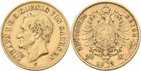 Sachsen: Johann 1854-1873: 20 Mark 1873 E, Jaeger 259. 7,91 g, 900/1000 Gold. Kratzer, sehr schön.
 [zzgl. 0 % MwSt.]