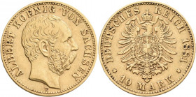 Sachsen: Albert 1873-1902: 10 Mark 1881 E, Jaeger 261. 3,95 g, 900/1000 Gold. Kratzer, sehr schön+.
 [zzgl. 0 % MwSt.]