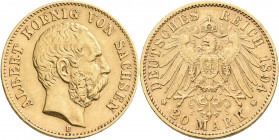 Sachsen: Albert 1873-1902: 20 Mark 1894 E, Jaeger 264. 7,92 g, 900/1000 Gold. Kratzer, sehr schön - vorzüglich.
 [zzgl. 0 % MwSt.]