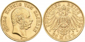Sachsen: Georg 1902-1904: 20 Mark 1903 E, Jaeger 266. 7,95 g, 900/1000 Gold. Kratzer und Randunebenheiten, sehr schön+.
 [zzgl. 0 % MwSt.]