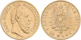Württemberg: Karl 1864-1891: 10 Mark 1879 F, Jaeger 292. 3,94 g, 900/1000 Gold. Kleine Kratzer, sonst sehr schön - vorzüglich.
 [zzgl. 0 % MwSt.]