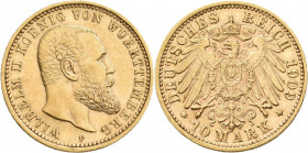 Württemberg: Wilhelm II. 1891-1918: 10 Mark 1909 F. Jaeger 295. 3,96 g, 900/1000 Gold. feine Kratzer, sehr schön - vorzüglich.
 [zzgl. 0 % MwSt.]