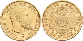 Württemberg: Wilhelm II. 1891-1918: 20 Mark 1897, Jaeger 296. 7,92 g, 900/1000 Gold. Kratzer, sehr schön+.
 [zzgl. 0 % MwSt.]