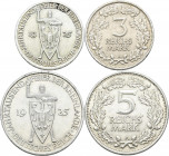 Weimarer Republik: 3 + 5 Reichsmark 1925 A, 1000 Jahrfeier Rheinlande, Jaeger 321 + 322 in sehr schön - vorzüglich. Lot 2 Stück.
 [differenzbesteuert...