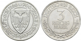 Weimarer Republik: 3 Reichsmark 1926 A, Lübeck, 750 Jahre Reichsfreiheit, Jaeger 323, vorzüglich.
 [differenzbesteuert]