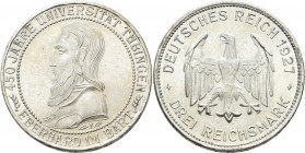 Weimarer Republik: 3 Reichsmark 1927 F, Universität Tübingen / Eberhard im Bart, Jaeger 328, feine Kratzer, vorzüglich.
 [differenzbesteuert]