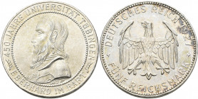 Weimarer Republik: 5 Reichsmark 1927 F, Universität Tübingen / Eberhard im Bart, Jaeger 329, winzige Kratzer, sonst fast Stempelglanz.
 [differenzbes...