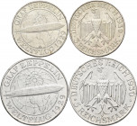Weimarer Republik: 3 Reichsmark 1930 A, Graf Zeppelin, Jaeger 342 + 5 Reichsmark 1930 F, Graf Zeppelin, Jaeger 343, beide sehr schön - vorzüglich. Lot...