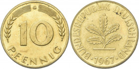 Bundesrepublik Deutschland 1948-2001: 10 Pfennig-Kursmünze 1967 aus der Prägestätte ”G” - seltener Jahrgang, vorzüglich - Stempelglanz.
 [differenzbe...