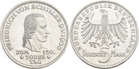 Bundesrepublik Deutschland 1948-2001: 5 DM 1955 F, Friedrich Schiller, Jaeger 389. Kleine Kratzer und Randfehler, sehr schön - vorzüglich.
 [differen...