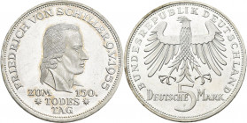 Bundesrepublik Deutschland 1948-2001: 5 DM 1955 F, Friedrich Schiller, Jaeger 389. Kleine Kratzer, sehr schön - vorzüglich.
 [differenzbesteuert]