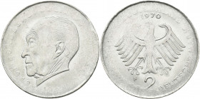 Bundesrepublik Deutschland 1948-2001: 2 DM Adenauer 1970 F (J. 406), Fehlprägung, auf dünnem Rohling, unmagnetisch. Gewicht 3,19g statt 7g! Mit Umschr...
