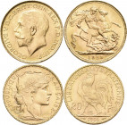 Alle Welt: Kleines Lot 6 Goldmünzen/Anlagegold, dabei Sovereign, Vreneli, 20 BEF, 20 FRF, 20 Lire und 20 DKK.
 [zzgl. 0 % MwSt.]