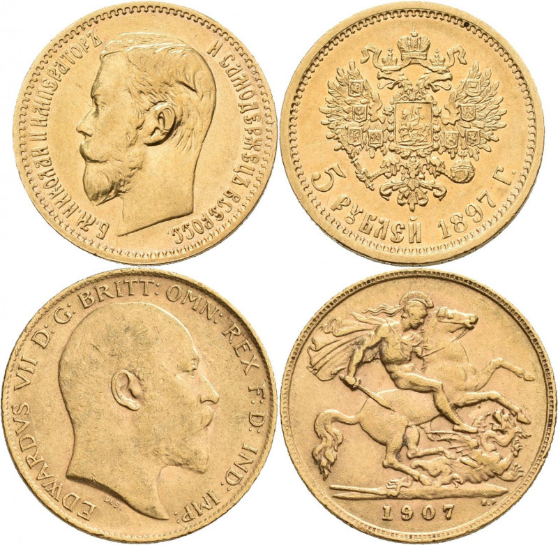 Alle Welt: Kleines Lot 6 Goldmünzen, dabei: Russland 5 Rubel 1897, England ½ Sov...