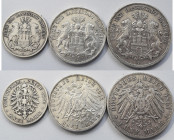 Hamburg: Freie und Hansestadt: Lot 3 Münzen, dabei 5 Mark 1891 J, (J. 65), 3 Mark 1912 (J. 64) und 2 Mark 1876 (J. 61).
 [differenzbesteuert]
