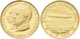 Medaillen Deutschland - Personen: Zeppelin, Graf von: Goldmedaille 1929 von J. Bernhart auf die Weltfahrt des LZ 127 im August 1929. Büsten von Zeppel...