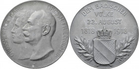 Medaillen Deutschland - Geographisch: Baden, Friedrich II. 1907-1918: Zinkmedaille (Kriegsmetall) 1918 von B.H. Mayer, auf die 100-Jahrfeier der badis...