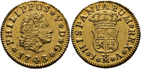 FELIPE V. Madrid. 1/2 escudo. 1743. JA. EBC/EBC-. Atractivo. Buen ejemplar
