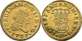 FERNANDO VI. Madrid. 1/2 escudo. 1757. JB. Prácticamente SC-. Muy buen ejemplar. Escasa