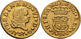 FERNANDO VI. Sevilla. 1/2 escudo. 1757. JV. Rosetas en leyenda. EBC-/EBC. Atractivo tono