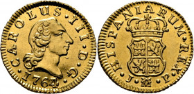 CARLOS III. Madrid. 1/2 escudo. 1764 sobre 3. JP. Casi SC-. Muy buen ejemplar. Atractiva. Muy escasa