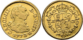 CARLOS III. Sevilla. 1/2 escudo. 1773 sobre 2. CF. Rara. Interesante