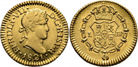 FERNANDO VII. Lima. 1/2 escudo. 1821. JP. Buen ejemplar con notable reverso. Muy rara