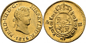 FERNANDO VII. Méjico. 1/2 escudo. 1815 sobre 4. JJ. Prácticamente SC. Soberbio y bellísimo ejemplar. Rarísima
