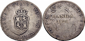 FERNANDO VII. Manila. 8 reales. 1828. Sin grafila rayada ni leyenda. Buen ejemplar. Muy rara