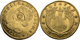 ISABEL II. Manila. 8 escudos. Resellado sobre un 8 escudos de la Rep. de Colombia. Atractiva. Extremadamente rara